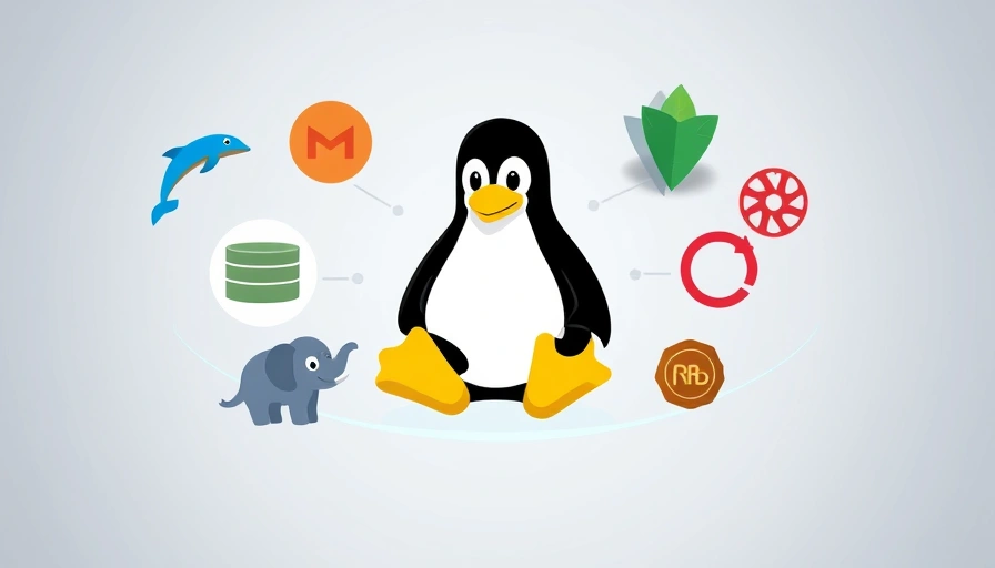 A visual representation of various database applications for Linux, featuring the Linux penguin (Tux) surrounded by icons of popular databases like MySQL, PostgreSQL, MongoDB, and Redis, symbolizing their integration and importance on the Linux platform.
