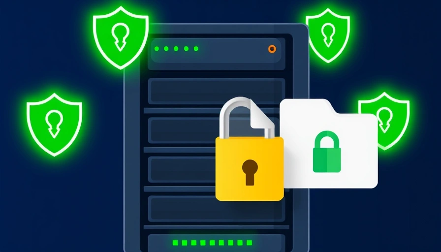 A secure server rack with a padlock over a file and folder, symbolizing file permissions and server security.