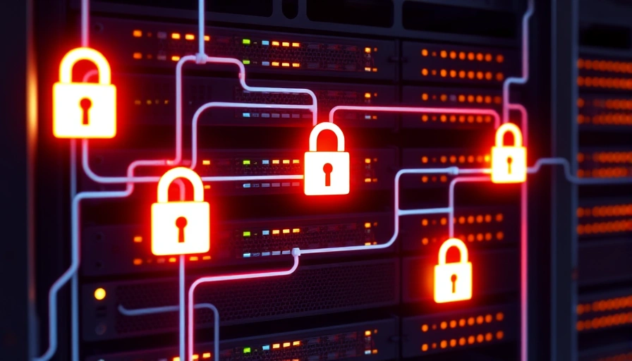 Server rack with encrypted data streams and padlock icons, symbolizing full disk encryption and data security.