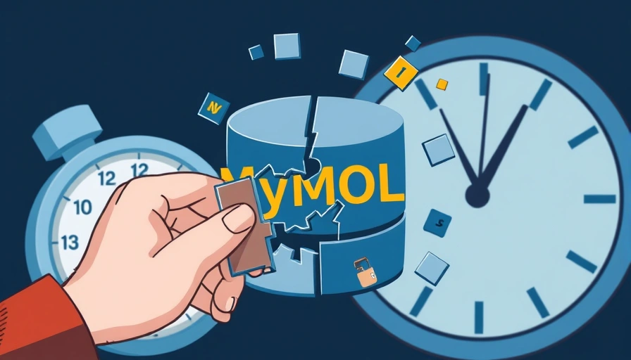An illustration depicting a fragmented MySQL database icon being quickly reassembled by a hand, with a clock ticking in the background, symbolizing the urgent and critical process of restoring a database from backup.