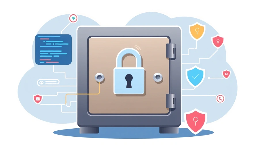 A digital safe with a padlock, surrounded by security symbols, representing secure password storage.