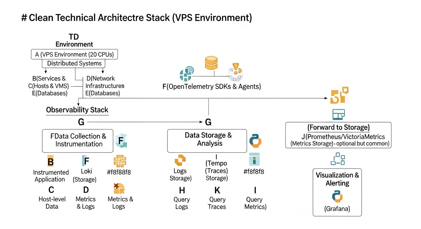 Esquema: Visión detallada de OpenTelemetry, Loki y Tempo