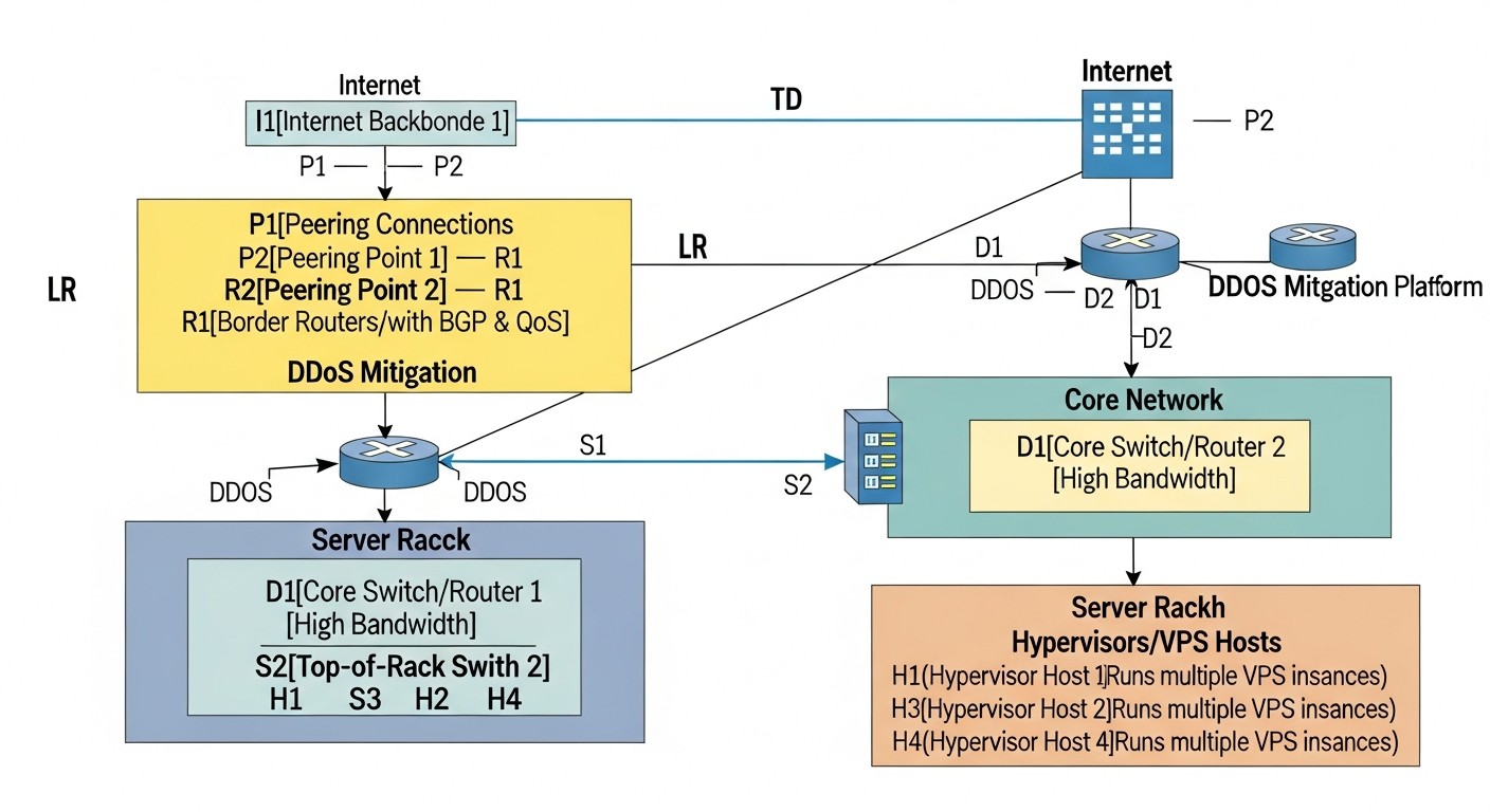 Esquema: Red: ancho de banda, protección DDoS, peering